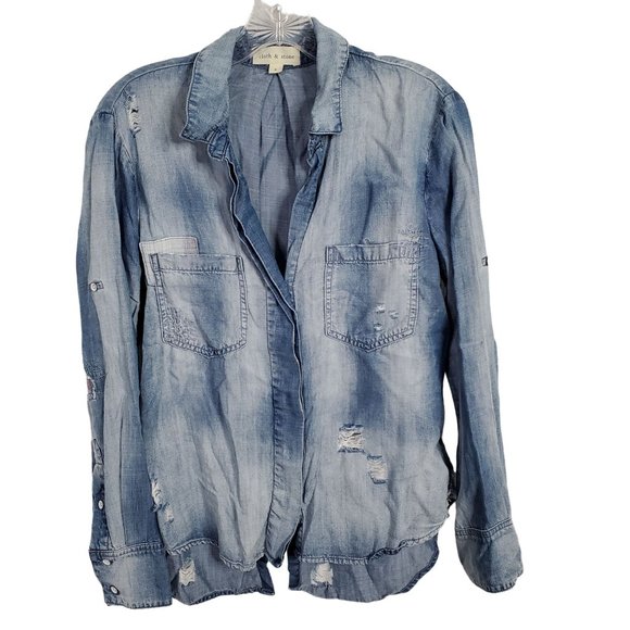 Cloth & Stone Size S Shirt Chambray Button Down Distressed Roll Tab Split Tail - Picture 2 of 12